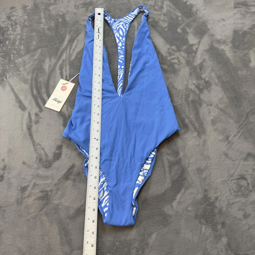 Maaji Swimsuit Womens Large Blue Reversible One Piece Plunge Ribbed Tropical - Picture 2 of 16